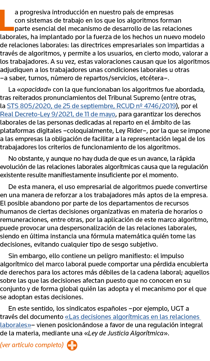 La progresiva introducción en nuestro país de empresas con sistemas de trabajo en los que los algoritmos forman parte   