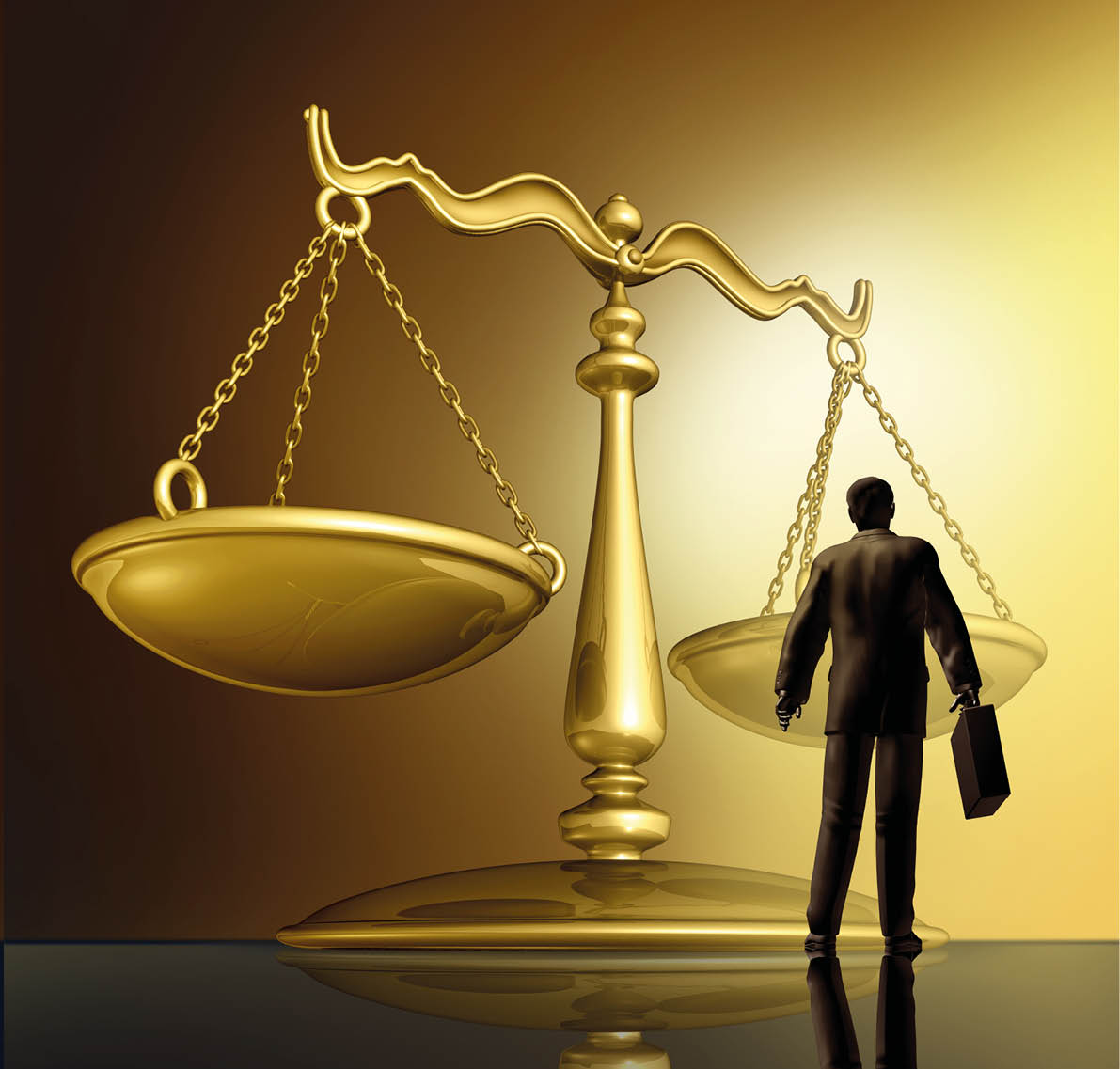 Lawyer and the law with a justice scale made of brass gold metal on a glowing background as a symbol of the legal advice, system in government and society in enforcing rights and regulations 