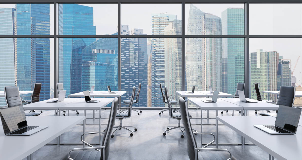 Workplaces in a modern panoramic office, Singapore city view from the windows  Open space  White tables and black leather chairs  A concept of financial consulting services  3D rendering 