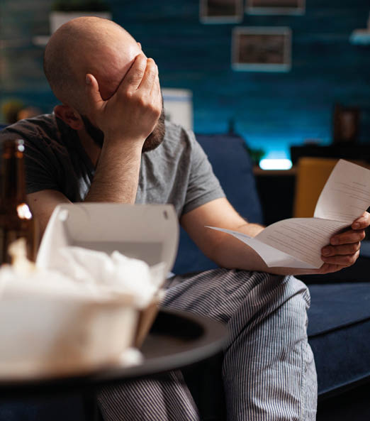 Desperate, depressed, frustrated man reading renter paper letter with banking bills crying while looking at eviction notice  Shocked unhappy male having problems bankruptcy, unexpected bad news