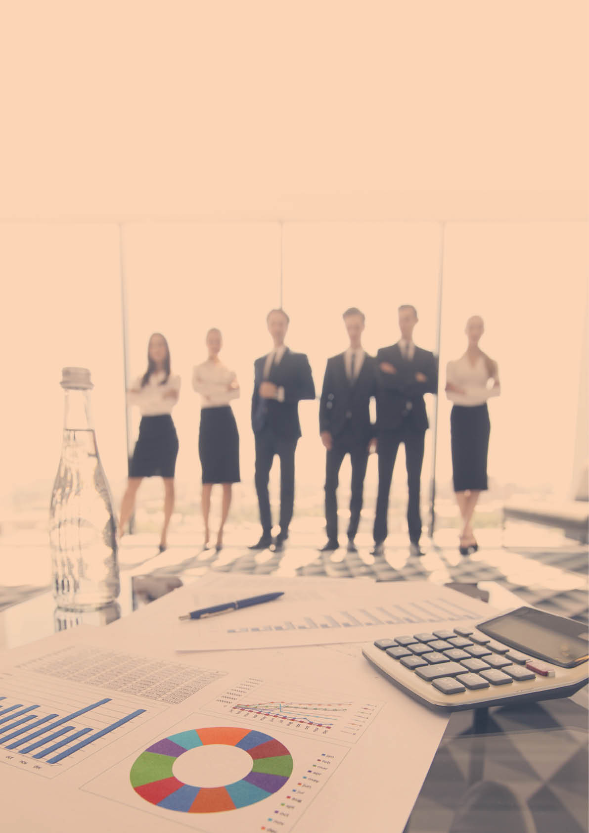 Close-up of business financial documents with diagrams lying on the desk, office workers meeting in the background