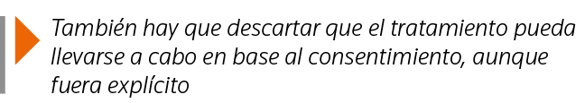 También hay que descartar que el tratamiento pueda llevarse a cabo en base al consentimiento, aunque fuera explícito