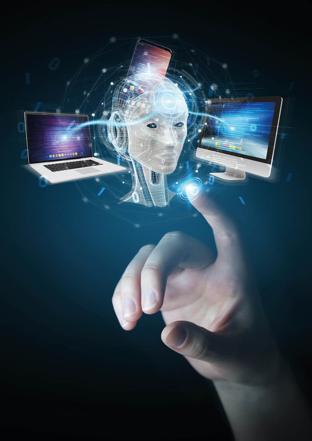 Businesswoman on blurred background using white humanoid controlling modern devices 3D rendering