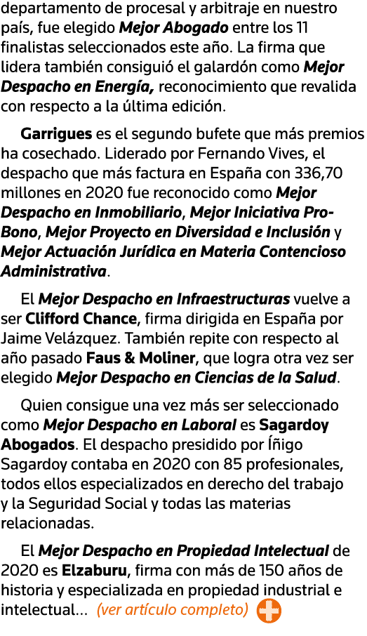 departamento de procesal y arbitraje en nuestro país, fue elegido Mejor Abogado entre los 11 finalistas seleccionados   