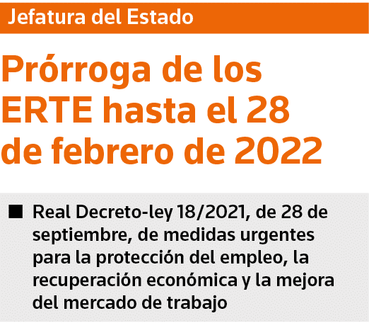 Jefatura del Estado Prórroga de los ERTE hasta el 28 de febrero de 2022 Real Decreto-ley 18 2021, de 28 de septiembre   