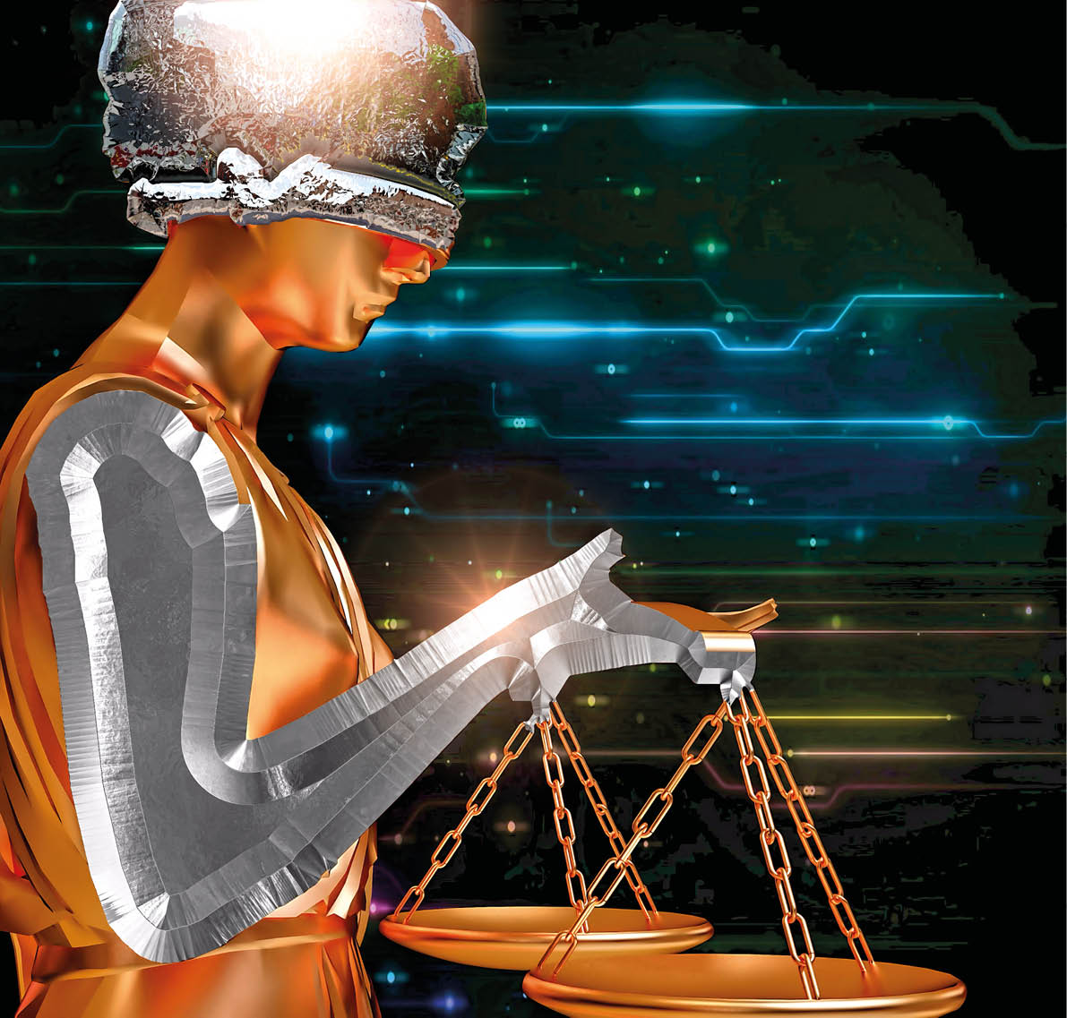 Themis holding scales isolated on technological background