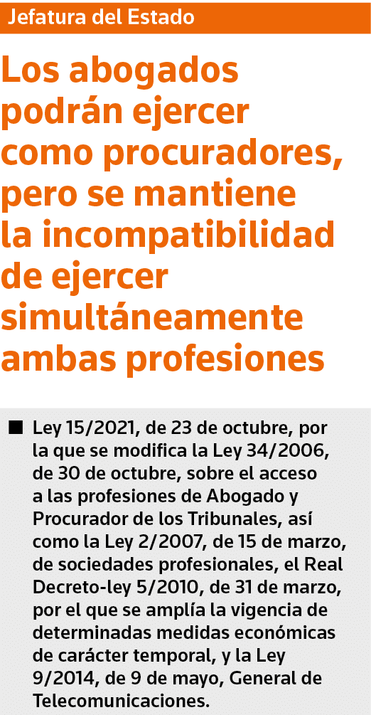 Jefatura del Estado Los abogados podrán ejercer como procuradores, pero se mantiene la incompatibilidad de ejercer si   