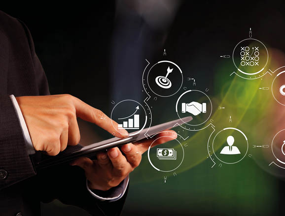 Business process management with workflow automation diagram and gears in virtual flowchart businessman success working computer touch screen with his team as concept 