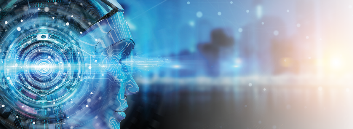 Cyborg head using artificial intelligence to create digital interface on city bokeh background 3D rendering