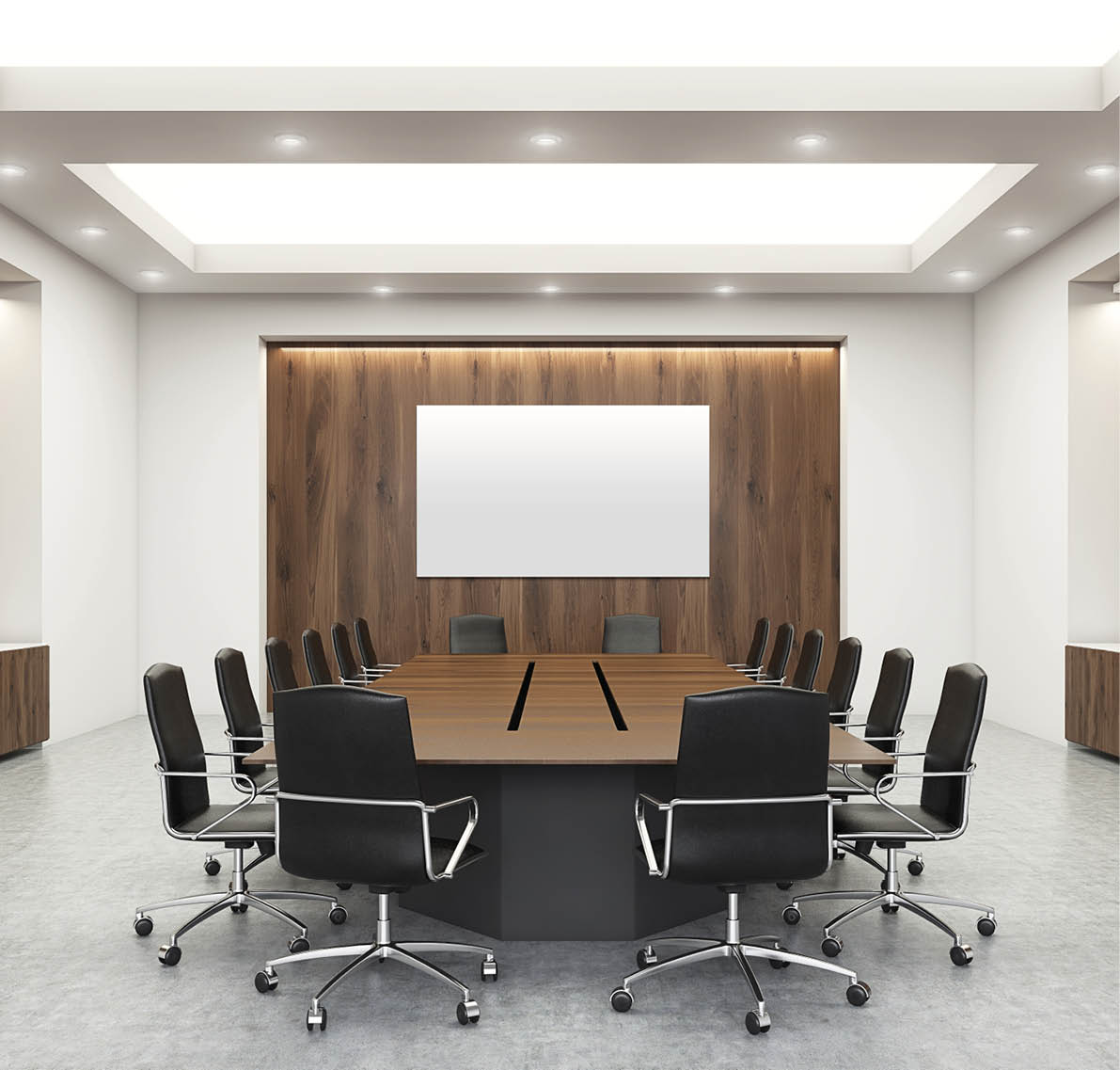 Concrete and wooden conference room interior with blank whiteboard, table, chairs and ceiling with lamps  Mock up, 3D Rendering