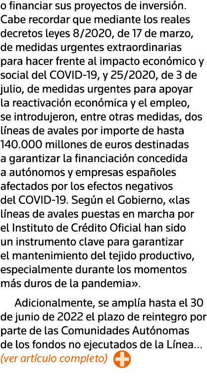 o financiar sus proyectos de inversión  Cabe recordar que mediante los reales decretos leyes 8 2020, de 17 de marzo,    