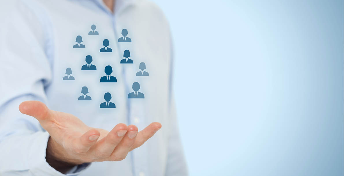 Human resources pool, customer care, care for employees, labor union, life insurance, employment agency and marketing segmentation concepts  Gesture of businessman or personnel and icons representing group of people  Right composition  