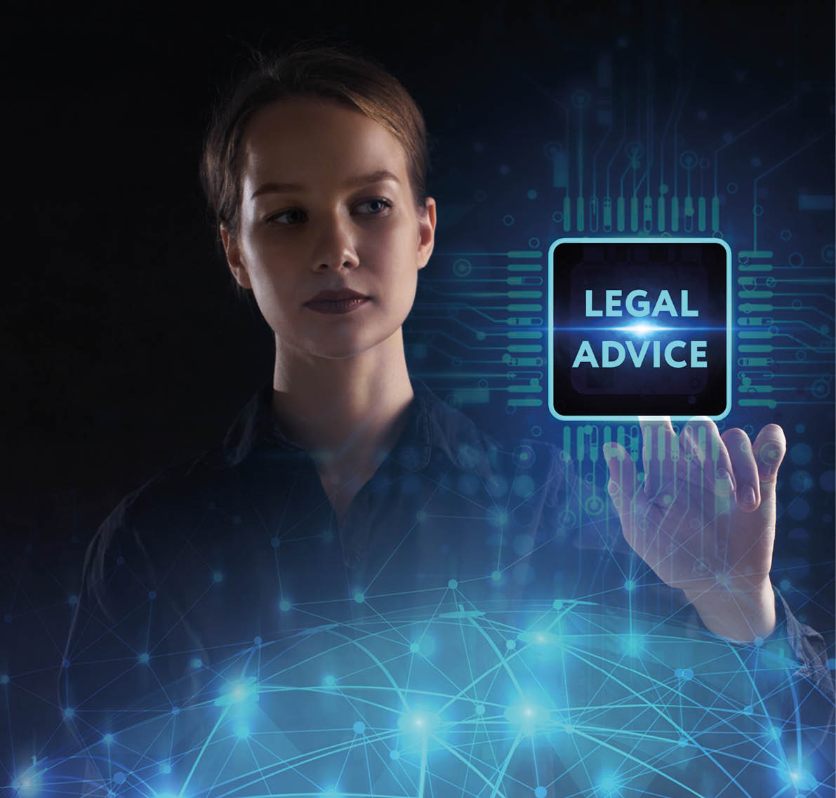 The concept of business, technology, the Internet and the network  A young entrepreneur working on a virtual screen of the future and sees the inscription: legal advice