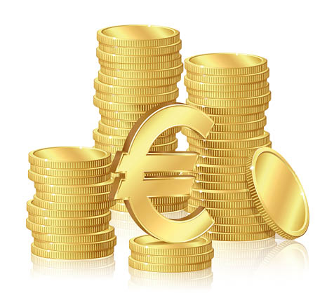 Stacks of gold coins and euro signs