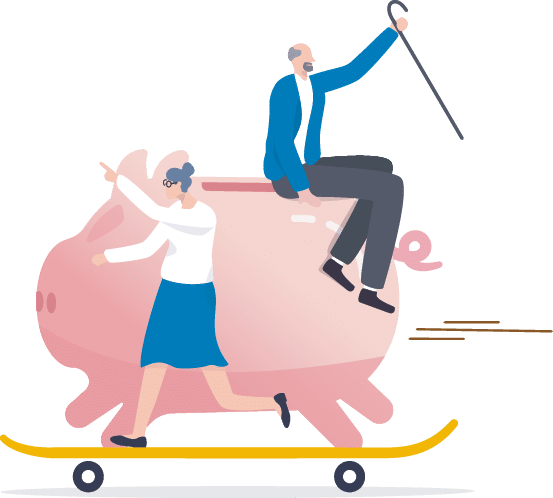 Retirement planning, success investment in 401K, Roth IRA or retirement pension fund concept, happy elderly couple senior man riding huge piggy bank with his wife on fast growth skate board 