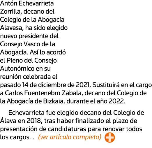 Antón Echevarrieta Zorrilla, decano del Colegio de la Abogacía Alavesa, ha sido elegido nuevo presidente del Consejo    