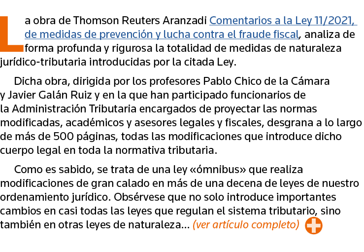 La obra de Thomson Reuters Aranzadi Comentarios a la Ley 11 2021, de medidas de prevención y lucha contra el fraude f   
