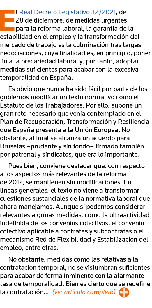 El Real Decreto Legislativo 32 2021, de 28 de diciembre, de medidas urgentes para la reforma laboral, la garantía de    