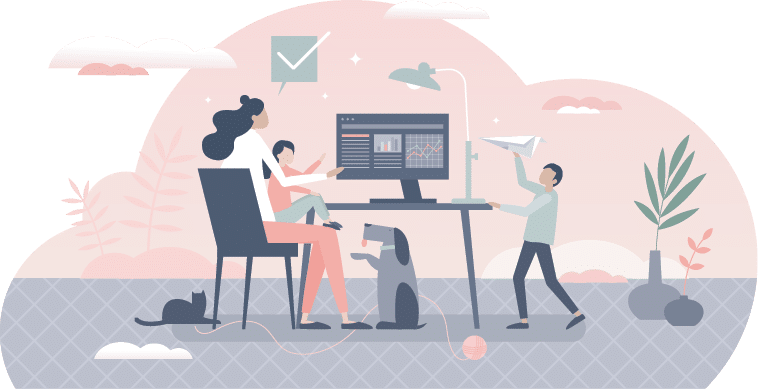 Busy mom professional working while taking care of kids tiny person concept  Maternity and career multitasking management with distant job in pandemic work from home situation vector illustration 