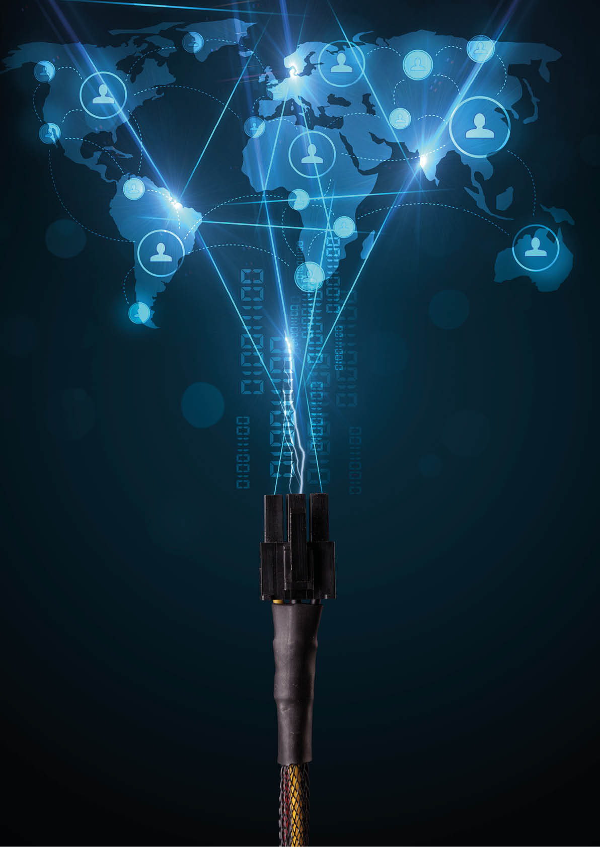 Glowing social network icons on world map coming out of electric cable