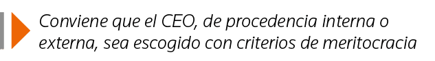  Conviene que el CEO, de procedencia interna o externa, sea escogido con criterios de meritocracia