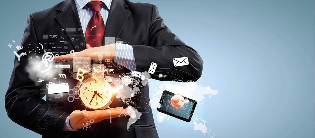 Image of businessman holding alarmclock against illustration background  Collage