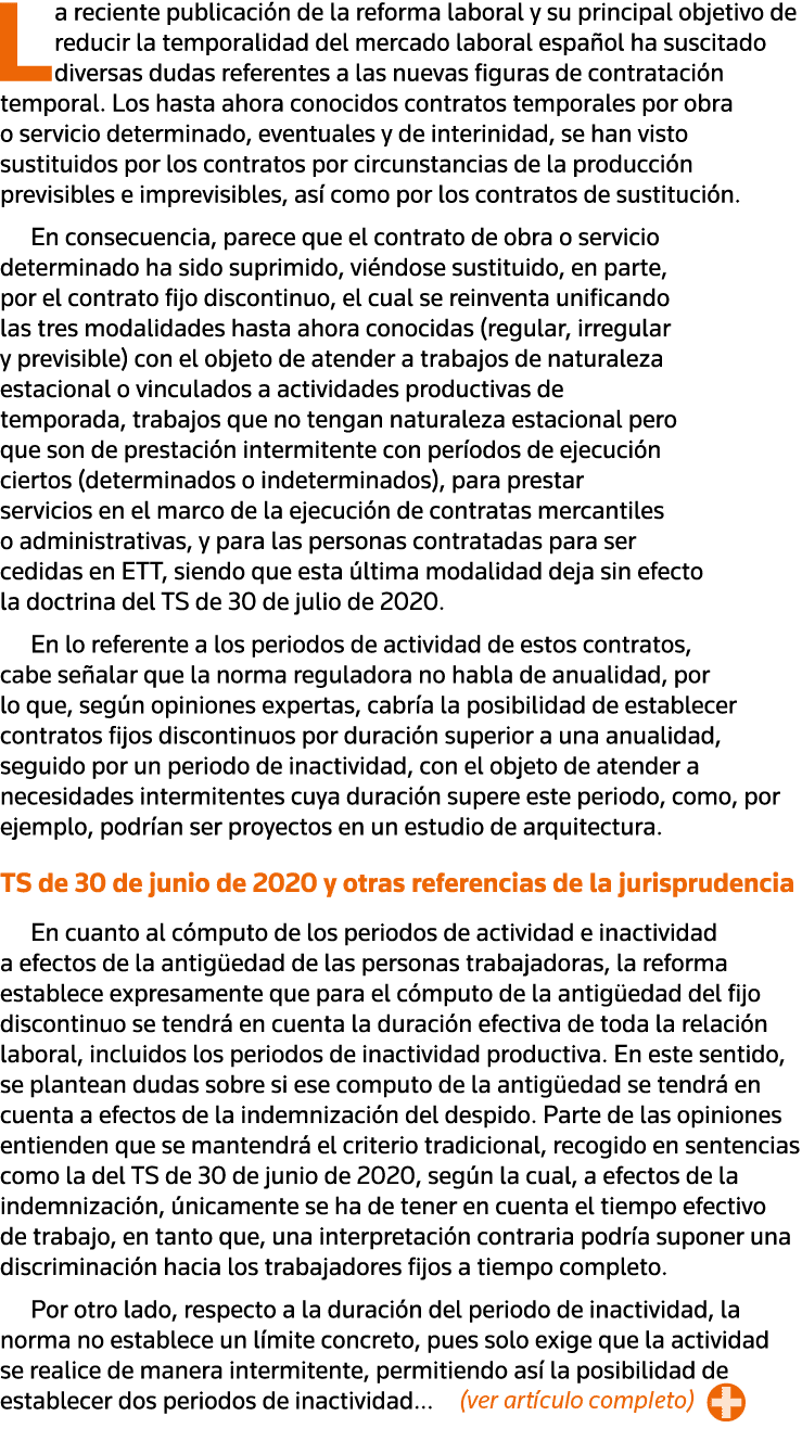 La reciente publicación de la reforma laboral y su principal objetivo de reducir la temporalidad del mercado laboral    