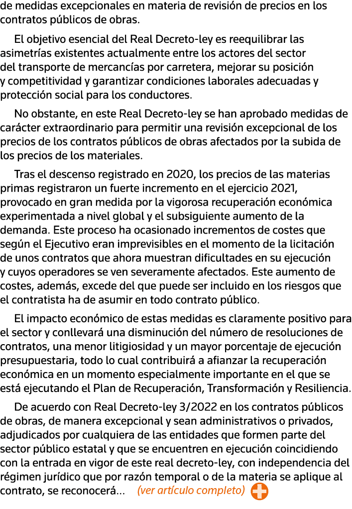 de medidas excepcionales en materia de revisión de precios en los contratos públicos de obras  El objetivo esencial d   
