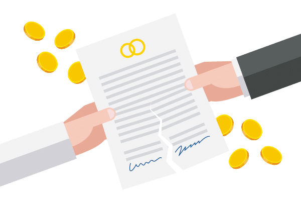 Torn prenuptial agreement is in man's and woman's hands, gold coins around  Family, divorcement and law