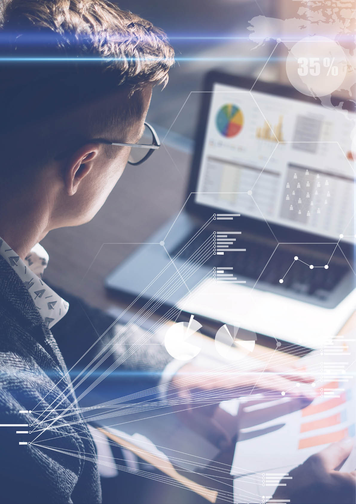 Young businessman analyze stock report on notebook screen Concept of digital screen,virtual connection icon,diagram,graph interfaces on background Vertical