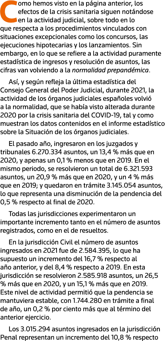 Como hemos visto en la página anterior, los efectos de la crisis sanitaria siguen notándose en la actividad judicial,   