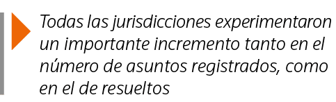  Todas las jurisdicciones experimentaron un importante incremento tanto en el número de asuntos registrados, como en    