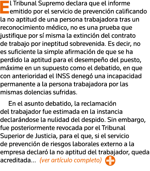 El Tribunal Supremo declara que el informe emitido por el servicio de prevención calificando la no aptitud de una per   