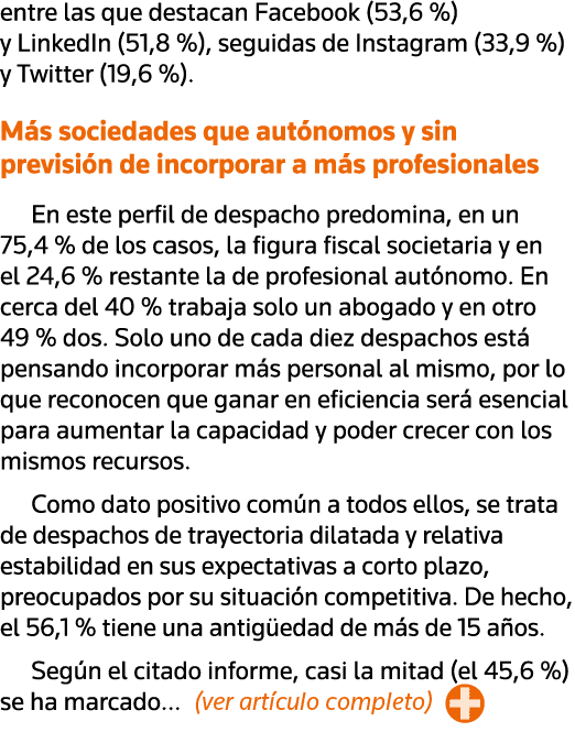 entre las que destacan Facebook (53,6 %) y LinkedIn (51,8 %), seguidas de Instagram (33,9 %) y Twitter (19,6 %)  Más    