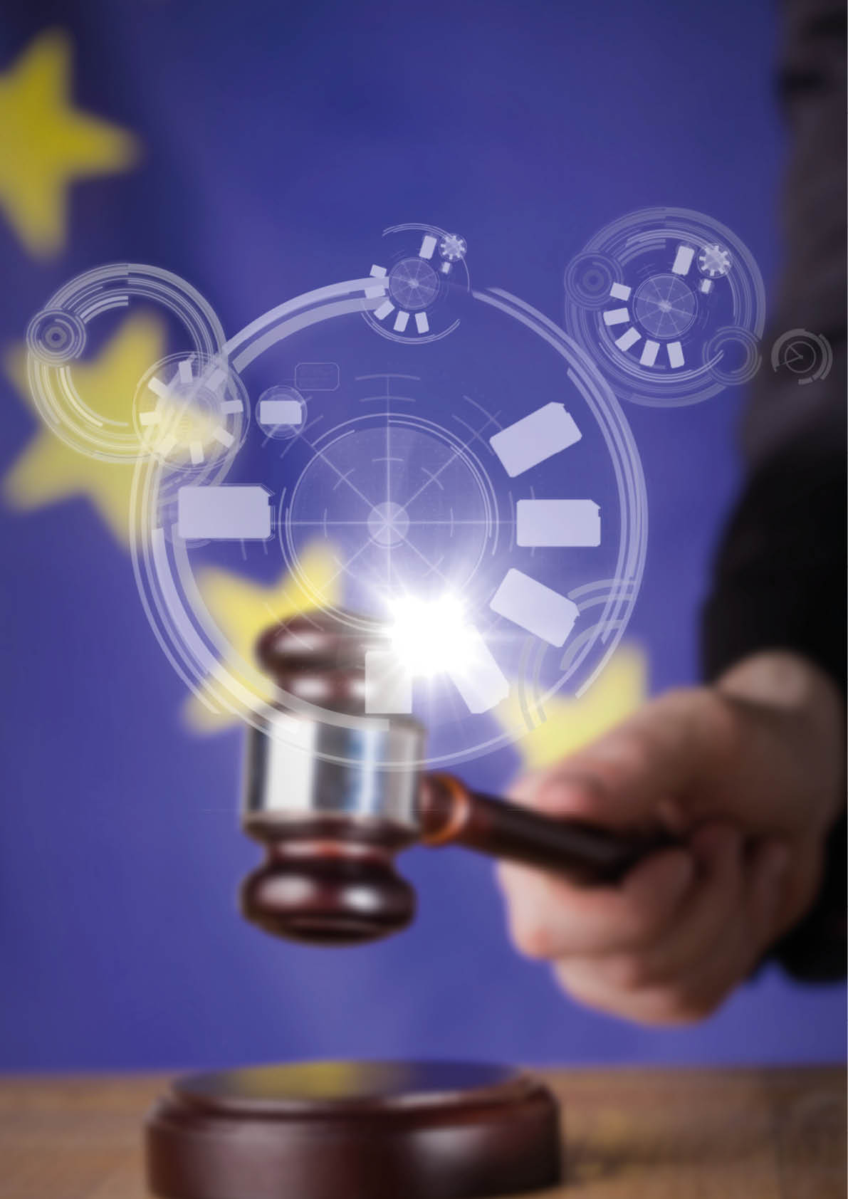 Digital composite of Judge banging gavel in front of European flag with flare and interface