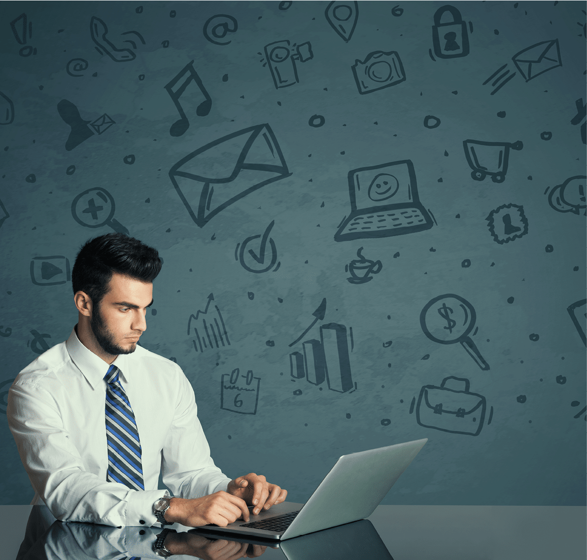 Successful businessman with all kind of media icons in background