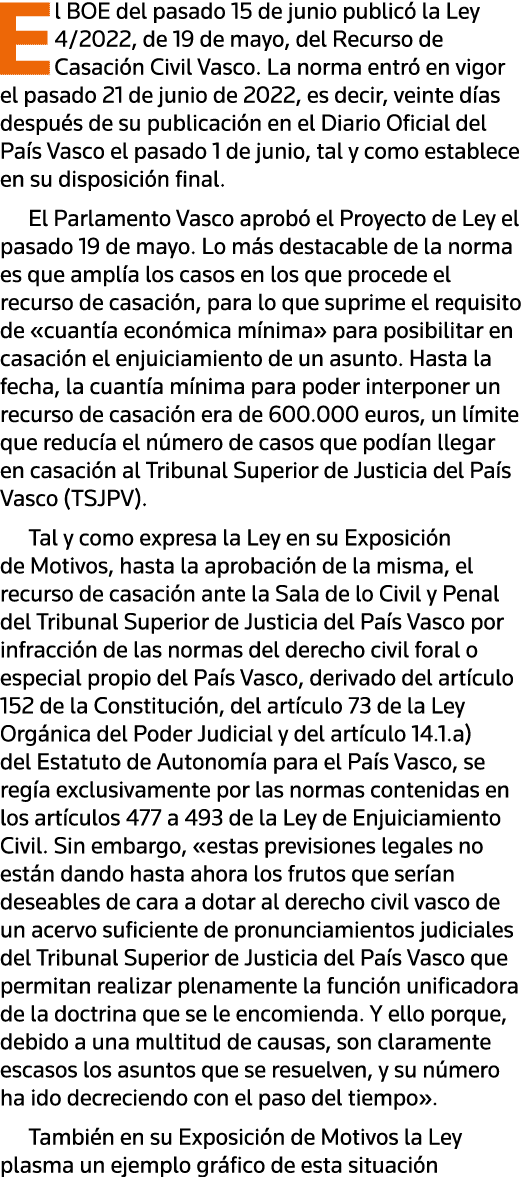 El BOE del pasado 15 de junio publicó la Ley 4 2022, de 19 de mayo, del Recurso de Casación Civil Vasco  La norma ent   