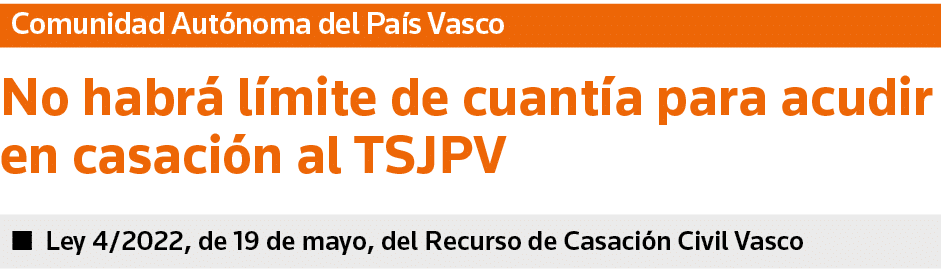 Comunidad Autónoma del País Vasco No habrá límite de cuantía para acudir en casación al TSJPV   Ley 4 2022, de 19 de    