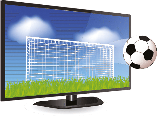 Soccer ball in motion flying off Smart Tv screen 
