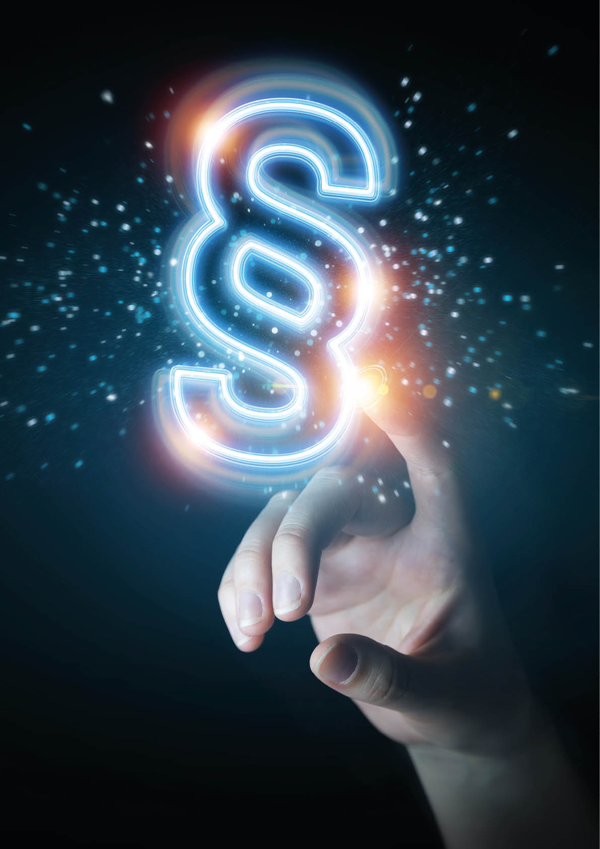 Man hand on dark background using law paragraph digital neon hologram 3D rendering