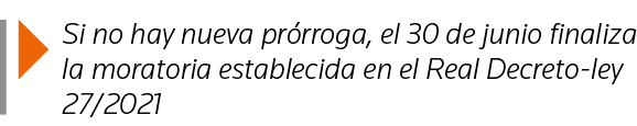  Si no hay nueva prórroga, el 30 de junio finaliza la moratoria establecida en el Real Decreto-ley 27 2021