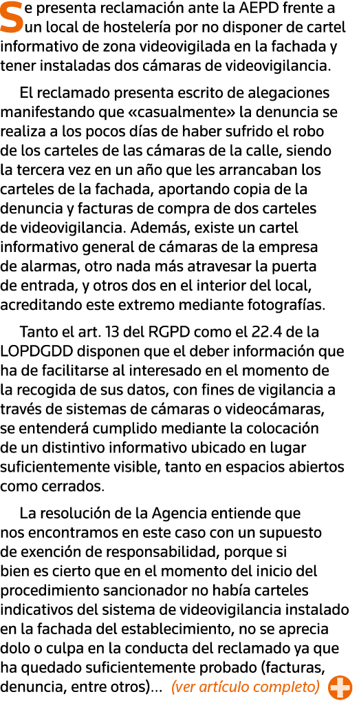 Se presenta reclamación ante la AEPD frente a un local de hostelería por no disponer de cartel informativo de zona vi   