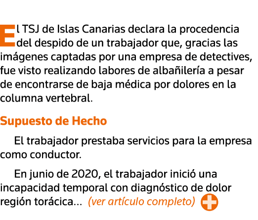  El TSJ de Islas Canarias declara la procedencia del despido de un trabajador que, gracias las imágenes captadas por    