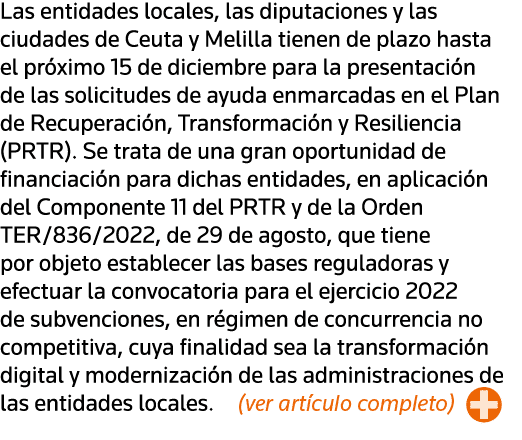 Las entidades locales, las diputaciones y las ciudades de Ceuta y Melilla tienen de plazo hasta el próximo 15 de dici   