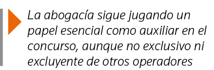  La abogacía sigue jugando un papel esencial como auxiliar en el concurso, aunque no exclusivo ni excluyente de otros   