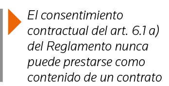  El consentimiento contractual del art  6 1 a) del Reglamento nunca puede prestarse como contenido de un contrato