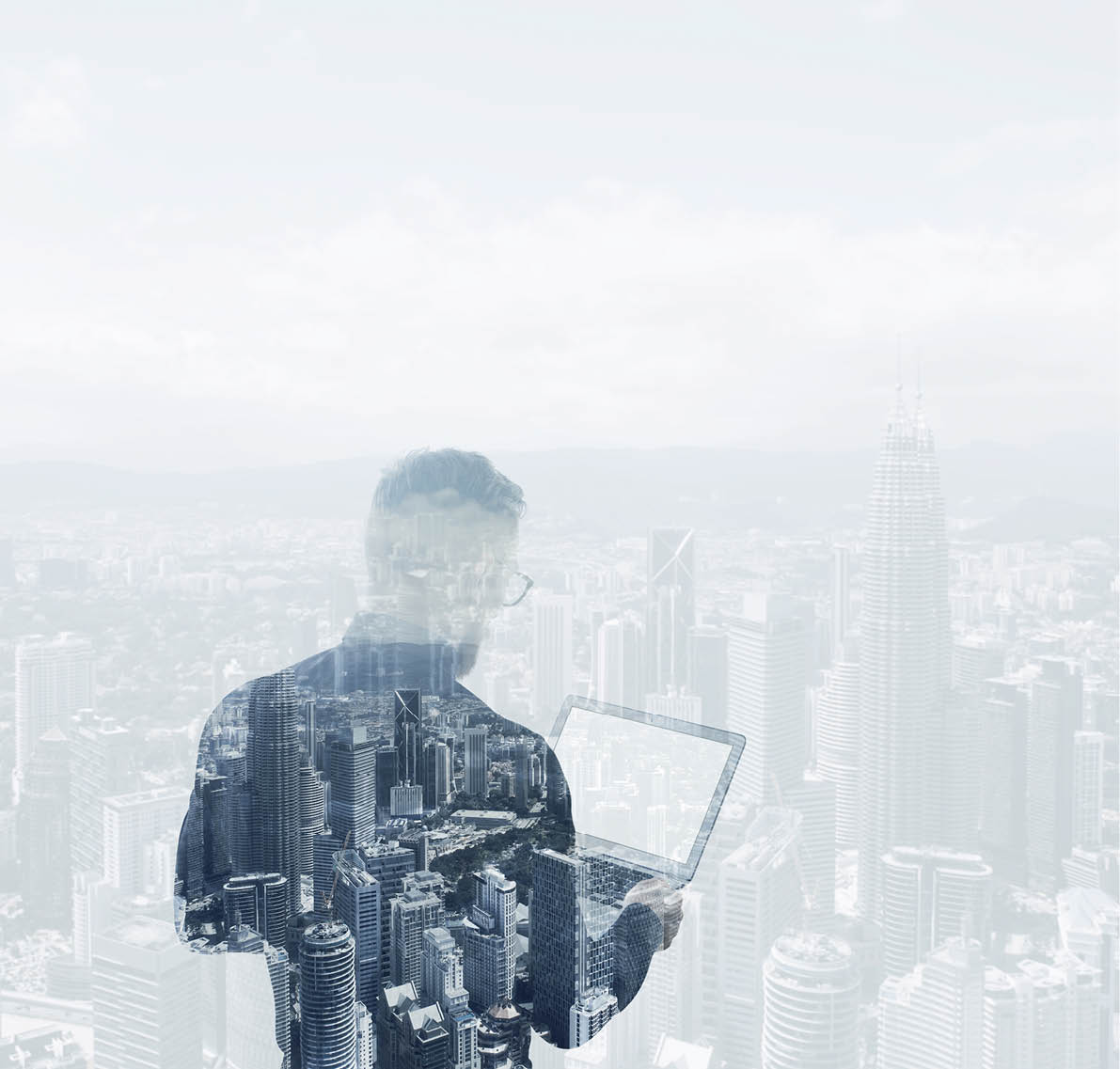 Double exposure young bearded businessman wearing black shirt holding contemporary notebook Modern city background Blank screen ready for your business message 