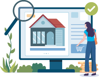 Real estate search illustration concept  People looking home on market, Buy or rent house online  Vector illustration in a flat style