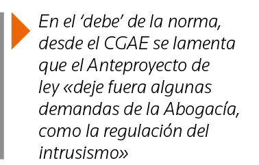  En el  debe  de la norma, desde el CGAE se lamenta que el Anteproyecto de ley  deje fuera algunas demandas de la Abo   