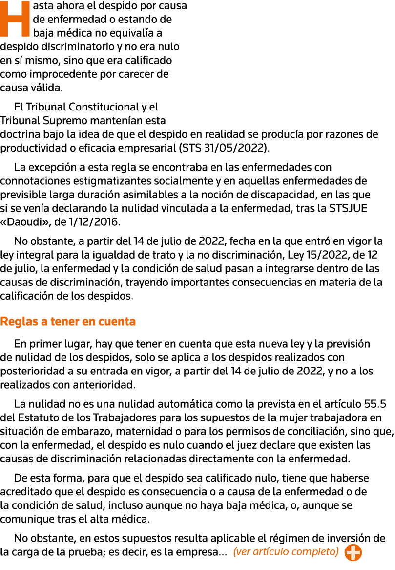 Hasta ahora el despido por causa de enfermedad o estando de baja médica no equivalía a despido discriminatorio y no e   
